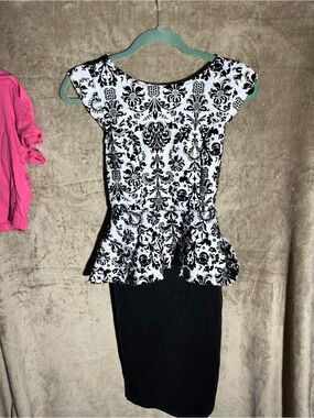 iris Black and White Lace-Accent Peplum Dress